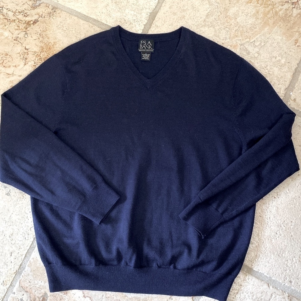 Jos A Bank Sweater Mens Merino Wool Blend V-neck Pullover Navy Classic Grandpa L